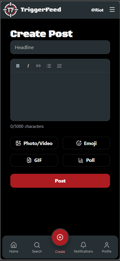 TriggerFeed mobile Create Post screen with headline, rich text editor, photo and video, emoji, GIF and poll controls.