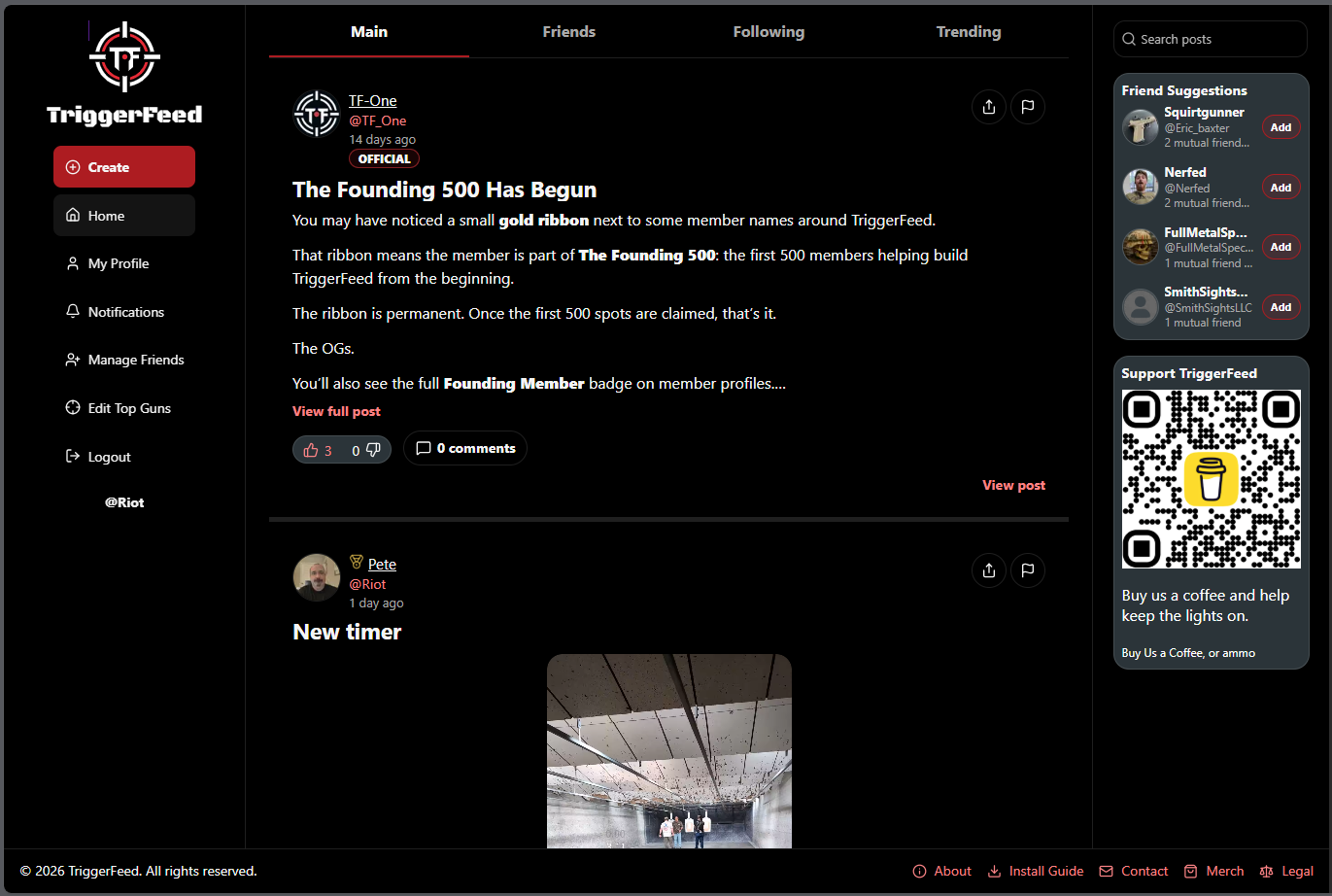 TriggerFeed desktop feed with Main, Friends, Following and Trending tabs, community posts and navigation.