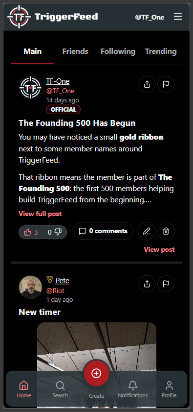 TriggerFeed mobile feed showing community posts, feed tabs and bottom navigation.