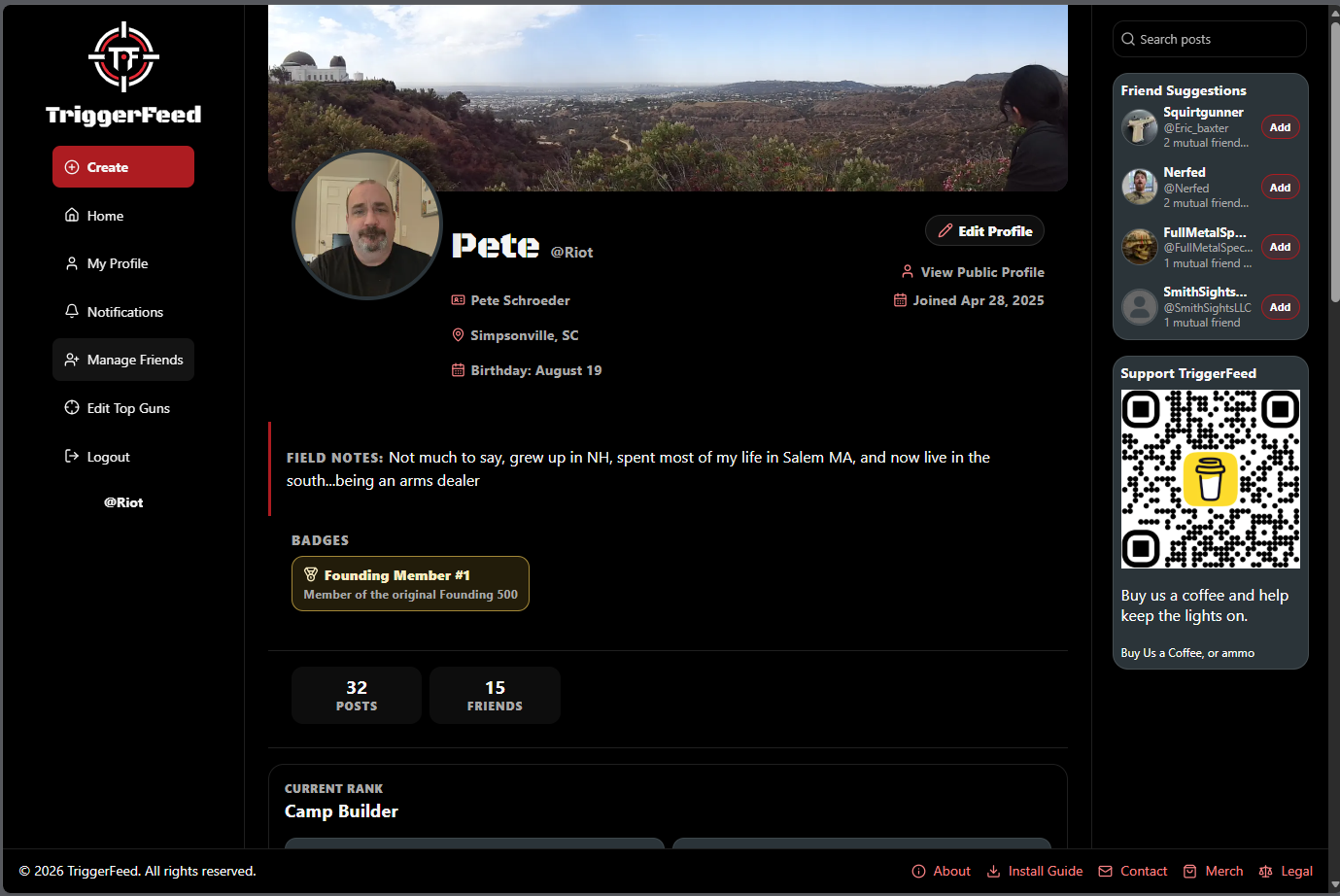 TriggerFeed profile with a cover photo, avatar, biography, Founding Member badge, post and friend counts, and rank.